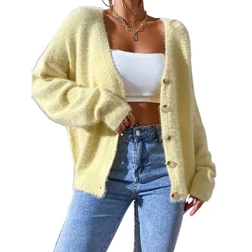 SHENHE Women's Cardigan Sweater Knit Button Down Long Sleeve Open Front Drop Shoulder Cardigan Outwe...
