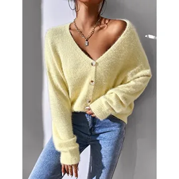 SHENHE Women's Cozy Pastel Yellow Cardigan Sweater