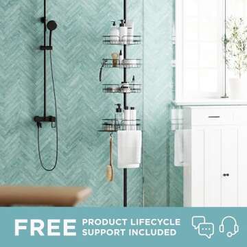 Zenna Home Tension Pole Shower Caddy, Adjustable Corner Shower Storage System with 4 Baskets and Bui...