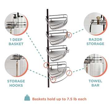 Zenna Home Shower Caddy with Towel Bar & 4 Shelves