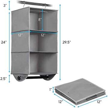 HOLDN’ STORAGE - 3 Shelf Hanging Closet Organizer - Closet Storage and RV Closet Hanging Organizer - Grey with Black Metal Rod - 12” W x 12” D x 29-1/2” H - Closet Hanging Shelves for College Dorms