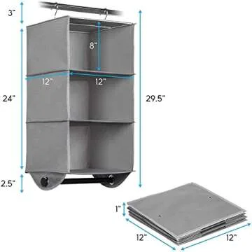 HOLDN’ STORAGE - 3 Shelf Hanging Closet Organizer - Closet Storage and RV Closet Hanging Organizer - Grey with Black Metal Rod - 12” W x 12” D x 29-1/2” H - Closet Hanging Shelves for College Dorms
