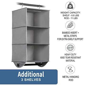 HOLDN’ STORAGE - 3 Shelf Hanging Closet Organizer - Closet Storage and RV Closet Hanging Organizer - Grey with Black Metal Rod - 12” W x 12” D x 29-1/2” H - Closet Hanging Shelves for College Dorms