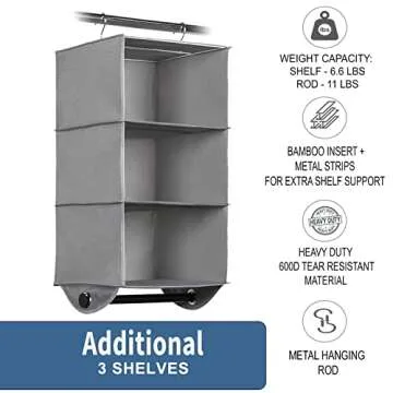 HOLDN’ STORAGE - 3 Shelf Hanging Closet Organizer - Closet Storage and RV Closet Hanging Organizer - Grey with Black Metal Rod - 12” W x 12” D x 29-1/2” H - Closet Hanging Shelves for College Dorms