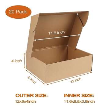 PHAREGE 12x9x4 Shipping Boxes - Bulk 20 Pack Brown, Easy-Fold Mailer Boxes for Gifts and Business Pa...