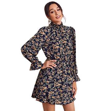 Romwe Floral Long Sleeve Navy Blue Mini Skater Dress