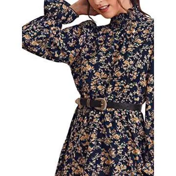 Romwe Floral Long Sleeve Navy Blue Mini Skater Dress