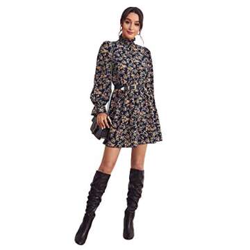 Romwe Floral Long Sleeve Navy Blue Mini Skater Dress