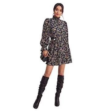 Romwe Floral Long Sleeve Navy Blue Mini Skater Dress