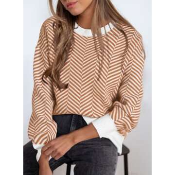 Dokotoo Sweaters for Women Trendy Crew Neck Striped Color Block Casual Loose Fall Outfits Knitted Tops Orange Thanksgiving Shirts Cute Wool Long Length Ladies Holiday Pullover Sweater Medium