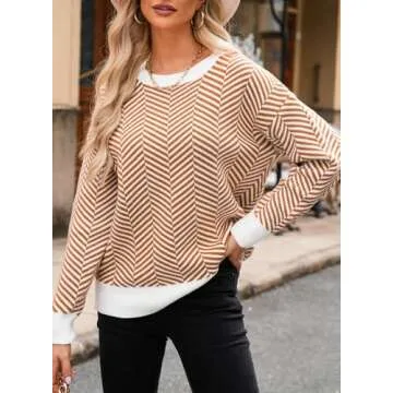 Dokotoo Sweaters for Women Trendy Crew Neck Striped Color Block Casual Loose Fall Outfits Knitted Tops Orange Thanksgiving Shirts Cute Wool Long Length Ladies Holiday Pullover Sweater Medium