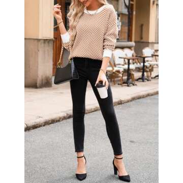 Dokotoo Sweaters for Women Trendy Crew Neck Striped Color Block Casual Loose Fall Outfits Knitted Tops Orange Thanksgiving Shirts Cute Wool Long Length Ladies Holiday Pullover Sweater Medium