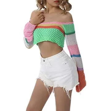 Women Y2k Long Sleeve Knit Crop Top Casual Color Block Crochet Cropped Sweater Tops Square Neck Knitwear
