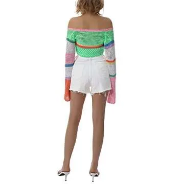 Women Y2k Long Sleeve Knit Crop Top Casual Color Block Crochet Cropped Sweater Tops Square Neck Knitwear