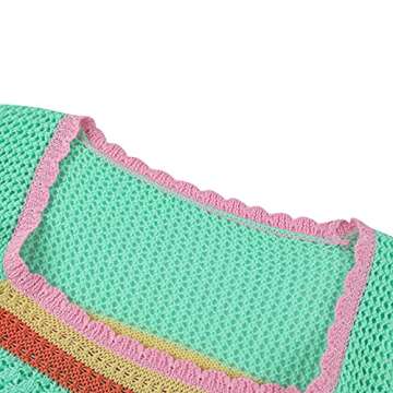 Women Y2k Long Sleeve Knit Crop Top Casual Color Block Crochet Cropped Sweater Tops Square Neck Knitwear