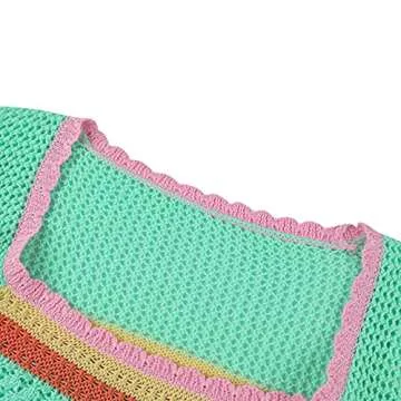 Women Y2k Long Sleeve Knit Crop Top Casual Color Block Crochet Cropped Sweater Tops Square Neck Knitwear