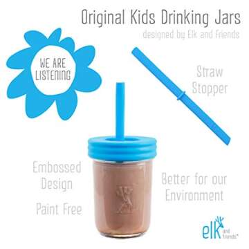 Elk and Friends Kids Cups/Toddler cups with Silicone Straws – Glass Mason Jars 8 oz with Silicone Sleeves + Straws + Straw Lids + Leakproof Lids – Spill Proof cups for Kids, Sippy Cups for Toddlers