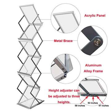 HUAZI Foldable Aluminum Magazine Rack, Portable Pop-up Display Stand, 6 Pockets, A4 Size, for Trade Shows, Office, Retail Store