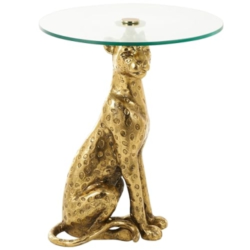 Gold Spotted Sitting Leopard Accent Table with Glass Top