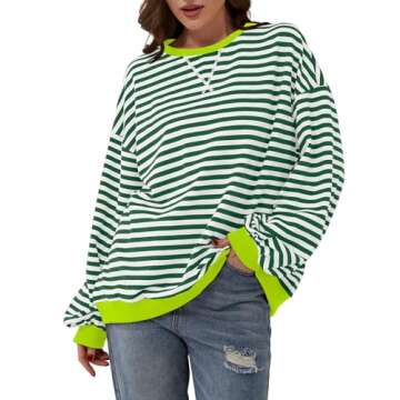 TERIVEEK Women Oversized Striped Color Block Long Sleeve Crew Neck Sweatshirt Casual Loose Pullover Y2K Shirt Top Green White