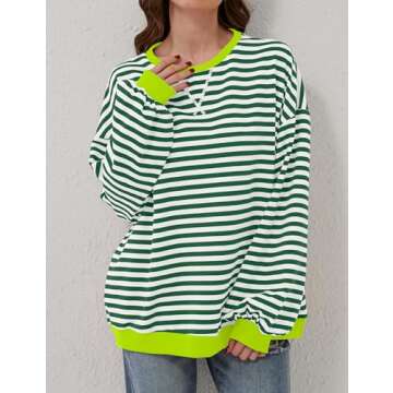 TERIVEEK Women Oversized Striped Color Block Long Sleeve Crew Neck Sweatshirt Casual Loose Pullover Y2K Shirt Top Green White