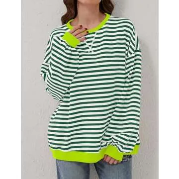 TERIVEEK Women Oversized Striped Color Block Long Sleeve Crew Neck Sweatshirt Casual Loose Pullover Y2K Shirt Top Green White