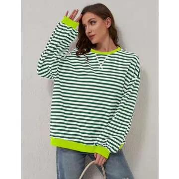 TERIVEEK Women Oversized Striped Color Block Long Sleeve Crew Neck Sweatshirt Casual Loose Pullover Y2K Shirt Top Green White