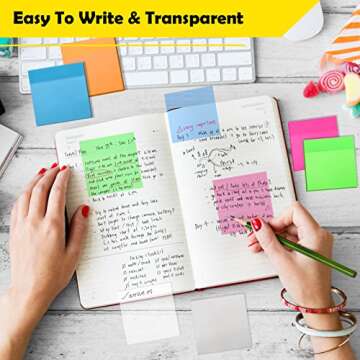 800 Sheets Transparent Sticky Notes, 3x3 Inch 14 Pads Self-Adhesive Translucent Clear See Through Post Sticky Notes for Planner Office School College Teacher Student Supplies 6 Bright Color