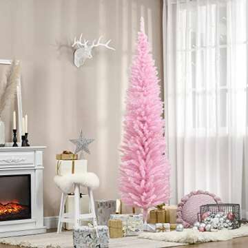 HOMCOM 7' Artificial Pencil Christmas Tree, Slim Xmas Tree with 499 Realistic Branch Tips and Plastic Stand, Pink