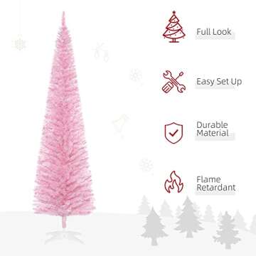 HOMCOM 7' Artificial Pencil Christmas Tree, Slim Xmas Tree with 499 Realistic Branch Tips and Plastic Stand, Pink