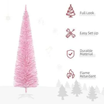 HOMCOM 7' Artificial Pencil Christmas Tree, Slim Xmas Tree with 499 Realistic Branch Tips and Plastic Stand, Pink