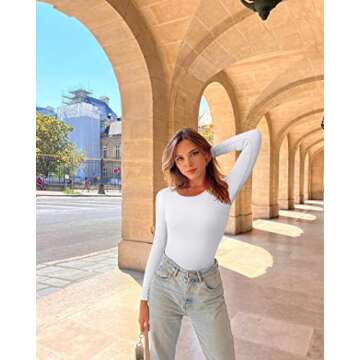 OQQ Women's 2 Piece Sexy Ribbed One Crewneck Long Sleeve BodySuit, Tea Leaf Beige, Small