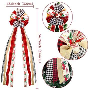 GUDELAK Christmas Tree Topper Bow, 57x 13 Inches Buffalo Plaid Christmas Decorations, Handmade Red T...