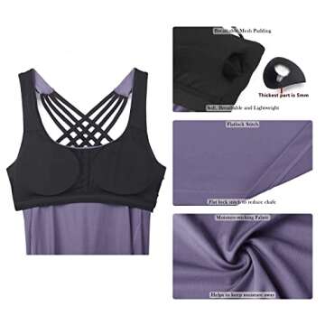 icyzone Yoga Tops Workouts Clothes Activewear Built in Bra Tank Tops for Women (XXL, Purple)