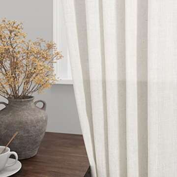Back Tab Linen Curtains 96 Inches Long for Living Room, 2 Panels Set - Ivory Cream Semi Sheer Light ...