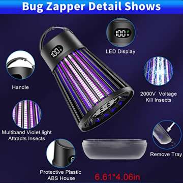 Bug Zapper Outdoor and Indoor - Rechargeable Mosquito and Fly Killer,USB LED Light Trap Portable Cordless Electric Mosquito Zappers Killer Lamp, Insect Killer for Home Backyard Camping Patio - Black