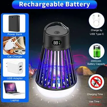 Bug Zapper Outdoor and Indoor - Rechargeable Mosquito and Fly Killer,USB LED Light Trap Portable Cordless Electric Mosquito Zappers Killer Lamp, Insect Killer for Home Backyard Camping Patio - Black