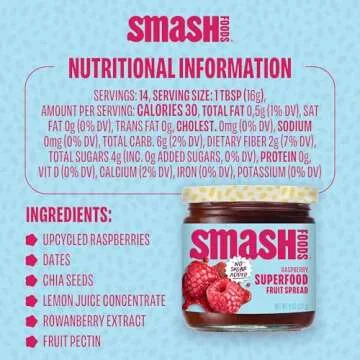 Chia Smash Raspberry Jam | Low-Calorie, No Sugar Added Keto Jam with Upcycled Fruit & Chia Seeds | Vegan, Paleo Superfood Fruit Spread (1 Jar)