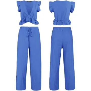 FANCYINN Womens Two Pieces Outfits Deep V Neck Crop Top Side Slit Drawstring Wide Leg Pants Set Jumpsuits Royal Blue XL