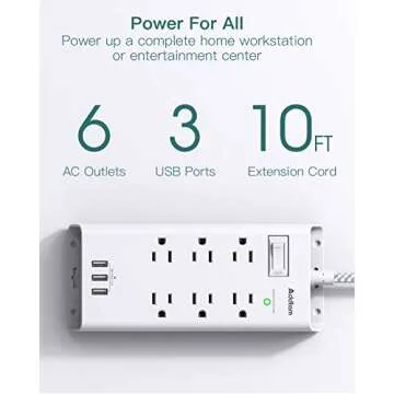 Power Strip Surge Protector - Addtam 10Ft Long Extension Cord with 6 Outlets and 3 USB Ports, Flat P...