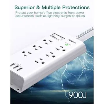 Power Strip Surge Protector - Addtam 10Ft Long Extension Cord with 6 Outlets and 3 USB Ports, Flat Plug Overload Surge Protection Outlet Strip, Wall Mount for Home, Office and More