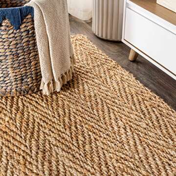 JONATHAN Y NFR101A-28 Espina Hand Woven Herringbone Chunky Jute Indoor Area -Rug Bohemian Farmhouse Easy -Cleaning Bedroom Kitchen Living Room Non Shedding, 2 X 8, Natural Color