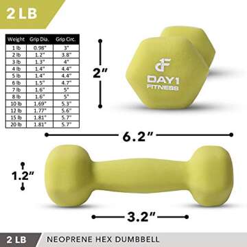 Neoprene Dumbbell Pairs by Day 1 Fitness – 2 Pounds - Non-Slip, Hexagon Shape, Color Coded, Easy T...