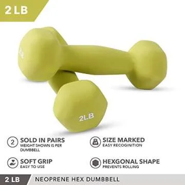Neoprene Dumbbell Pairs by Day 1 Fitness – 2 Pounds - Non-Slip, Hexagon Shape, Color Coded, Easy To Read Hand Weights for Muscle Toning, Strength Building, Weight Loss