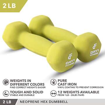 Neoprene Dumbbell Pairs by Day 1 Fitness – 2 Pounds - Non-Slip, Hexagon Shape, Color Coded, Easy To Read Hand Weights for Muscle Toning, Strength Building, Weight Loss