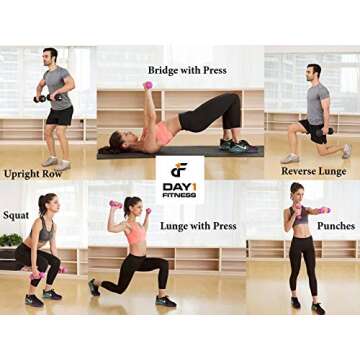 Neoprene Dumbbell Pairs by Day 1 Fitness – 2 Pounds - Non-Slip, Hexagon Shape, Color Coded, Easy To Read Hand Weights for Muscle Toning, Strength Building, Weight Loss