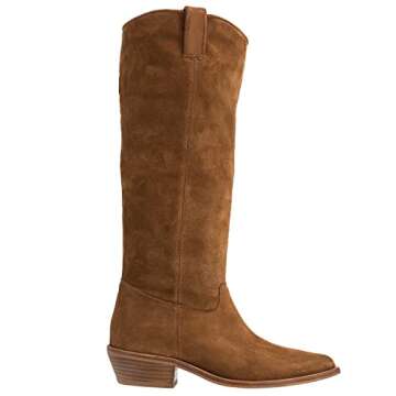 LEHOOR Women Stacked Heel Tan Slouchy Knee High Western Boots Comfort Wide Calf Pointed Toe Velvet S...