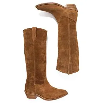 LEHOOR Women Stacked Heel Tan Slouchy Knee High Western Boots Comfort Wide Calf Pointed Toe Velvet Suede Leather Brown Cowboy Boots Low Heel Pull On Tan Combat Boots Dress Winter Brown 8.5 M US