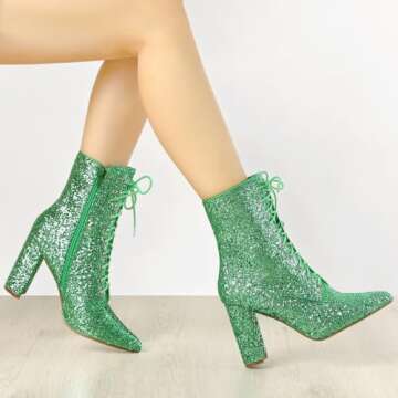 Allegra K Women's Glitter Pointed Toe Block Heel Green Ankle Boots 8 M US