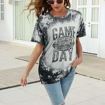Game Day Football Shirts Women Football Graphic Tshirts Game Day Leopard Bleached Tees Vacation Short Sleeve Shirts Top